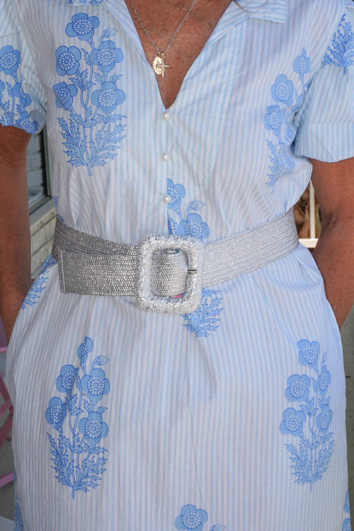 Metallic Wrapped Rectangle Elastic Belt Silver