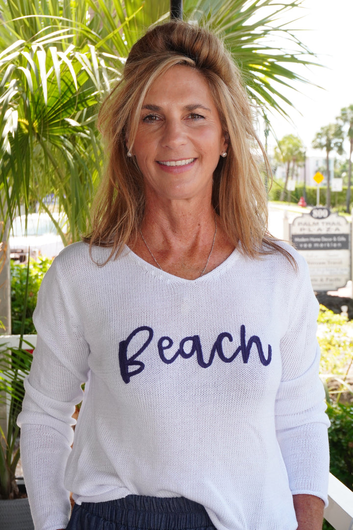 V Neck Beach Sweater White