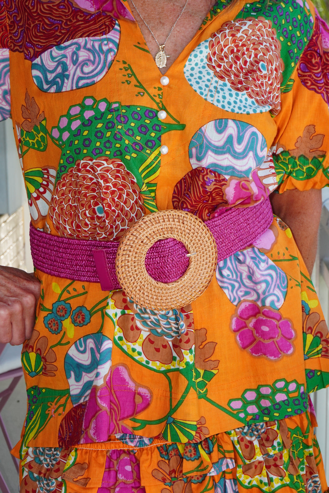 Basket Weave Circle Buckle Straw Belt Magenta