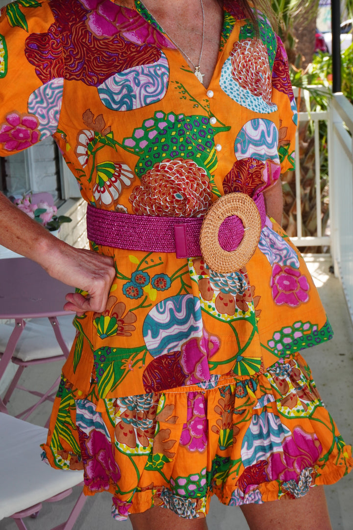 Basket Weave Circle Buckle Straw Belt Magenta