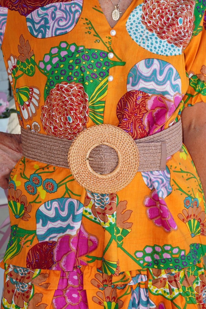 Basket Weave Circle Buckle Straw Belt Mocha