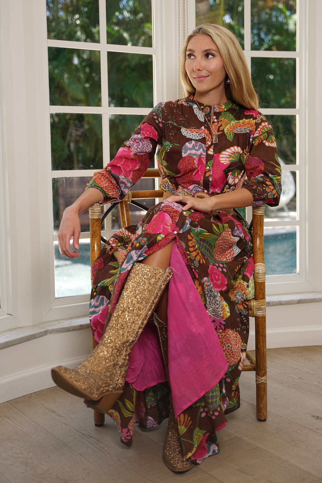 Boho Long Dress Floral Cocoa Brown