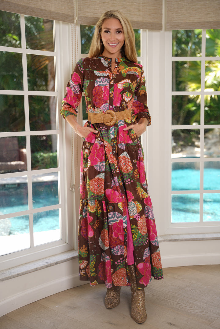 Boho Long Dress Floral Cocoa Brown