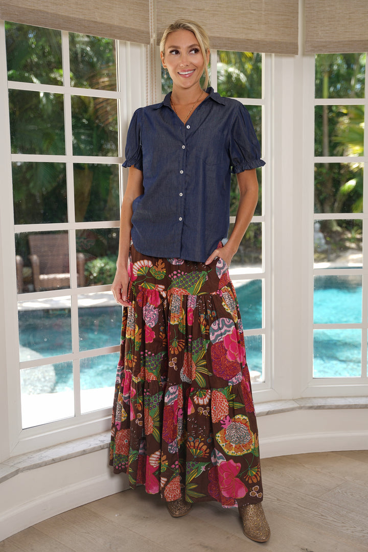 Boho Long Skirt Floral Cocoa Brown