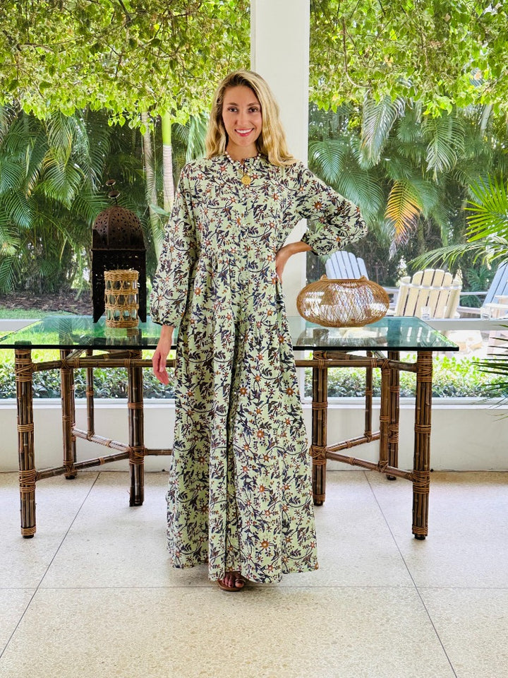 Boho Long Dress Floral Sage