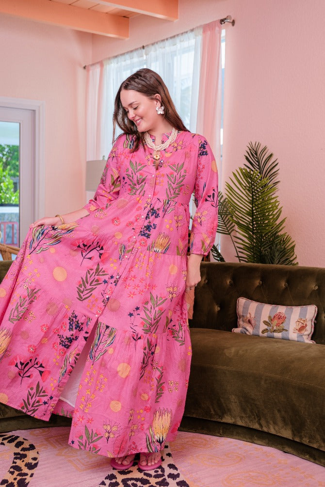 Boho Long Dress Fuchsia Floral