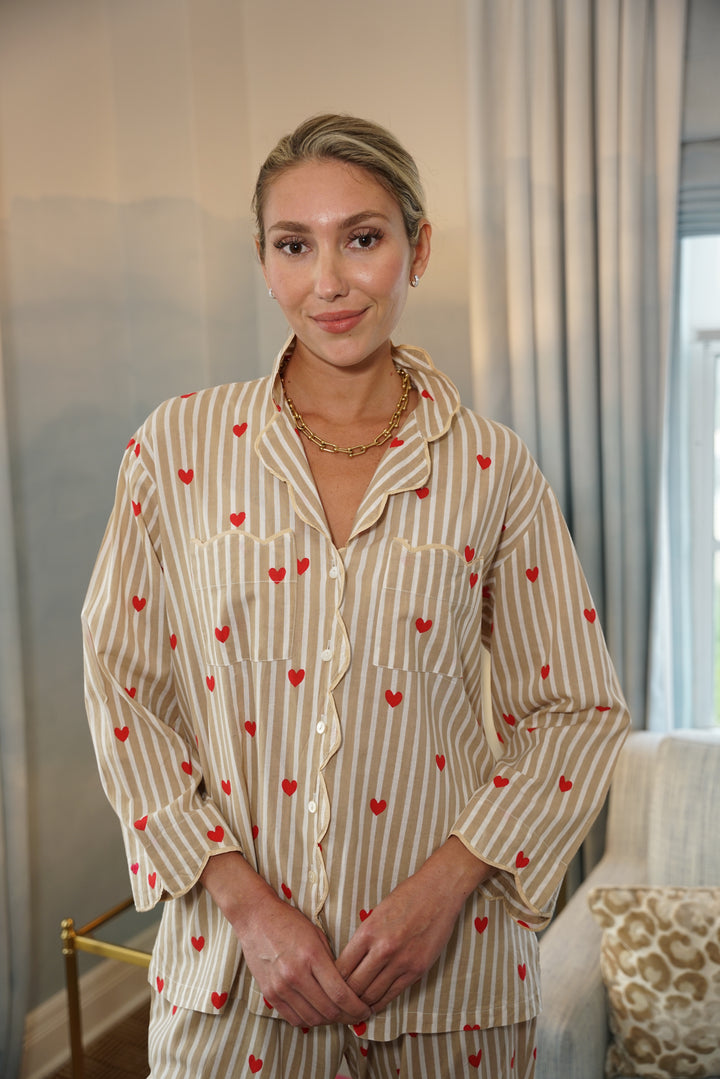Long Pajama Set Beige Hearts