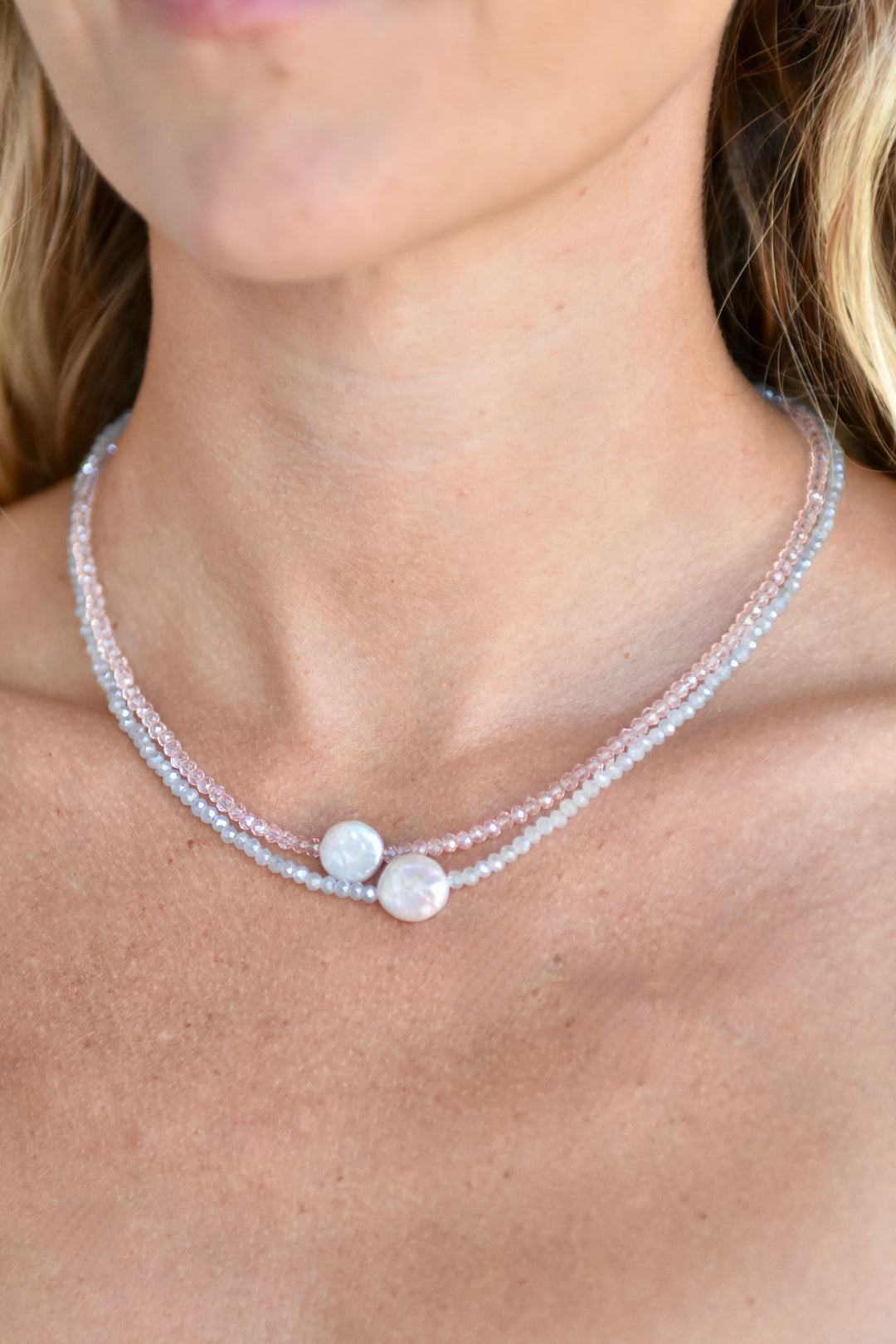 Crystal Choker with Coin Pearl Pale Blue