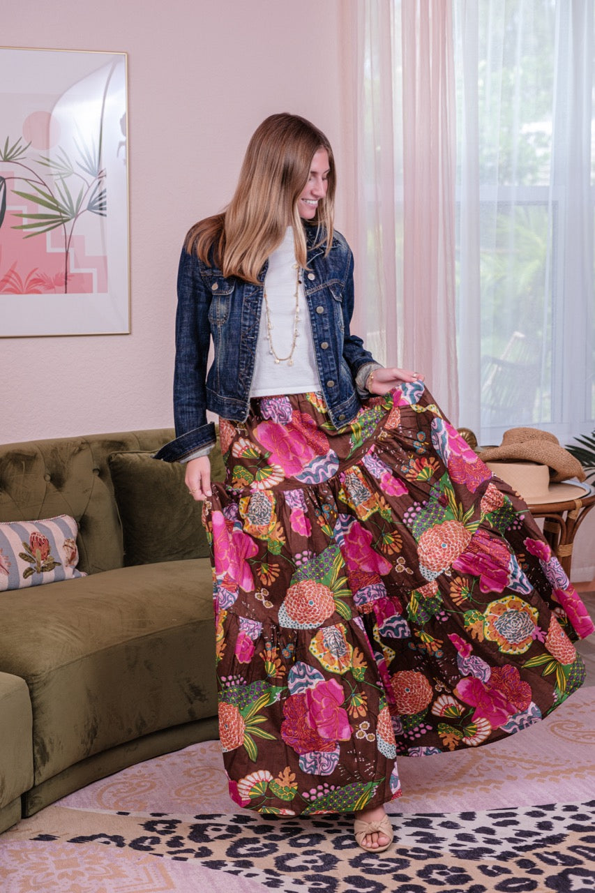 Boho Long Skirt Floral Cocoa Brown