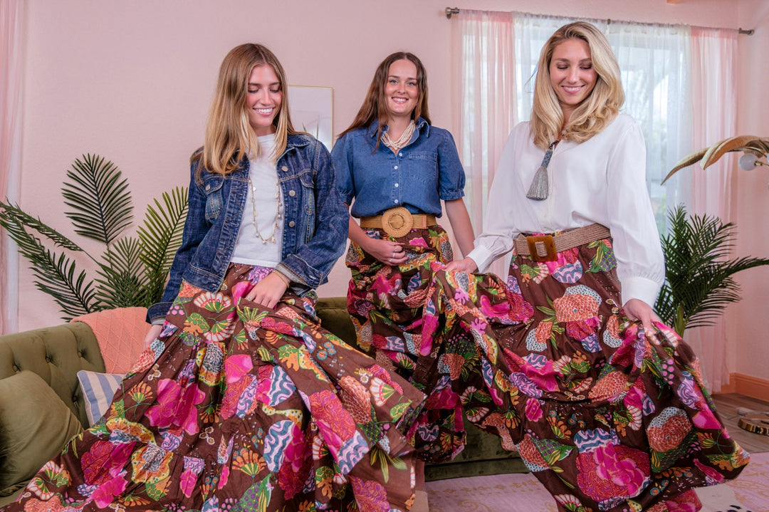 Boho Long Skirt Floral Cocoa Brown