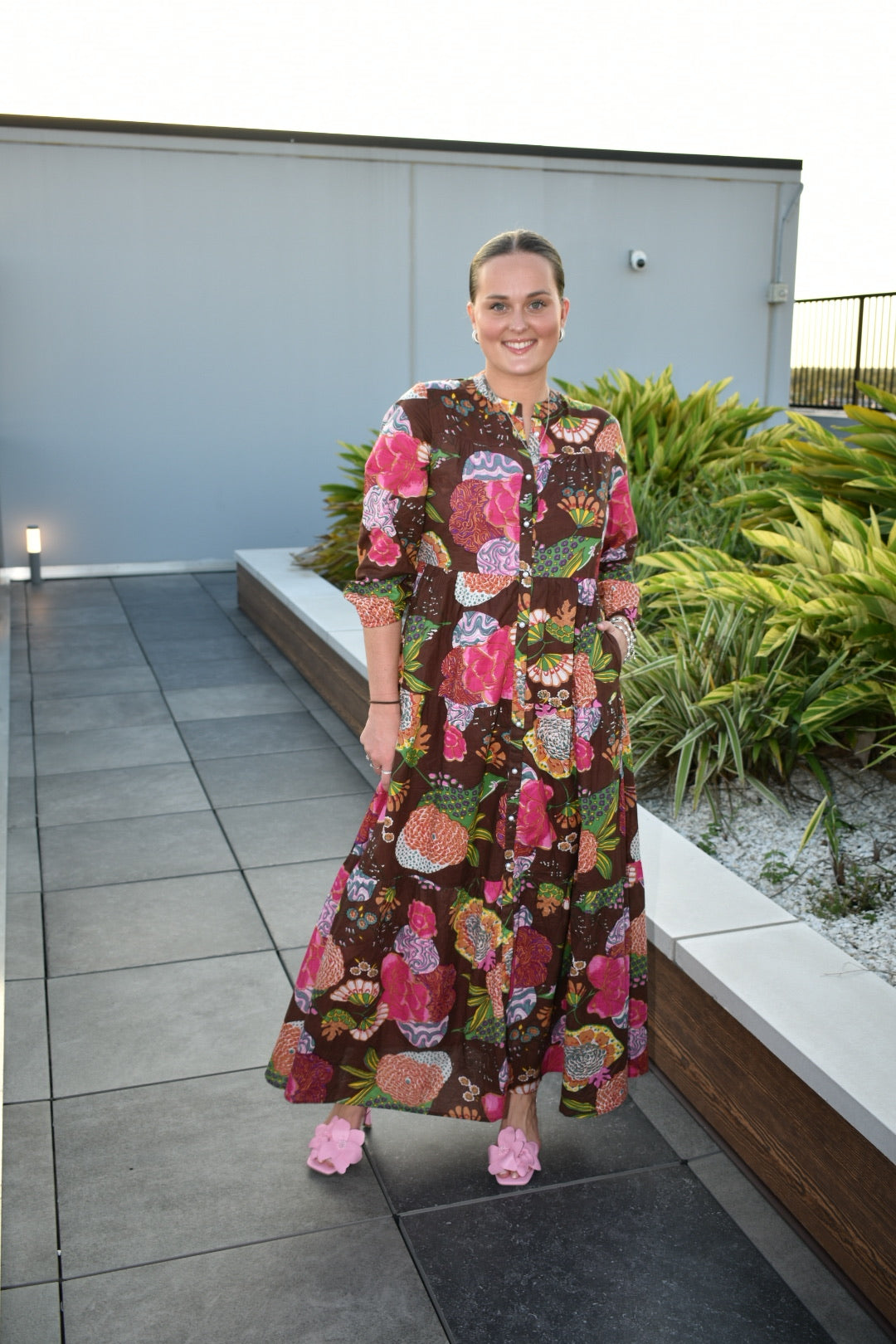 Boho Summer Long Dress Floral Cocoa Brown