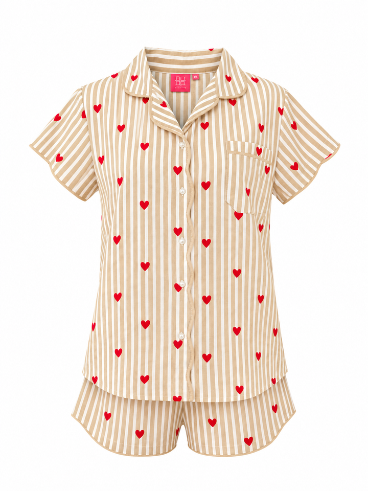 Short Pajama Set Beige Hearts